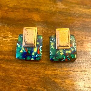Matisse Vintage 60 70 Modernist Square multi color Copper Clip Earrings MCM
